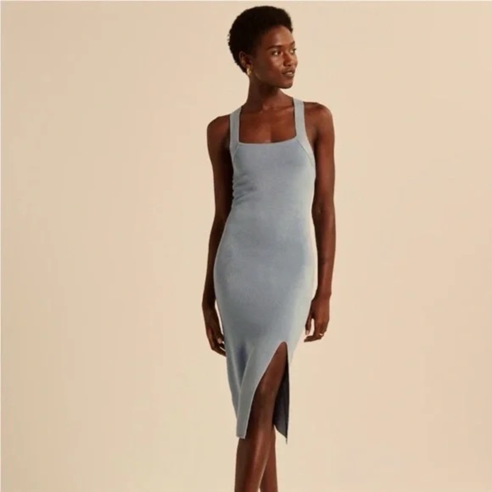 Abercrombie & Fitch Light Blue Ribbed Square Neck Midi Dress with Side Slit